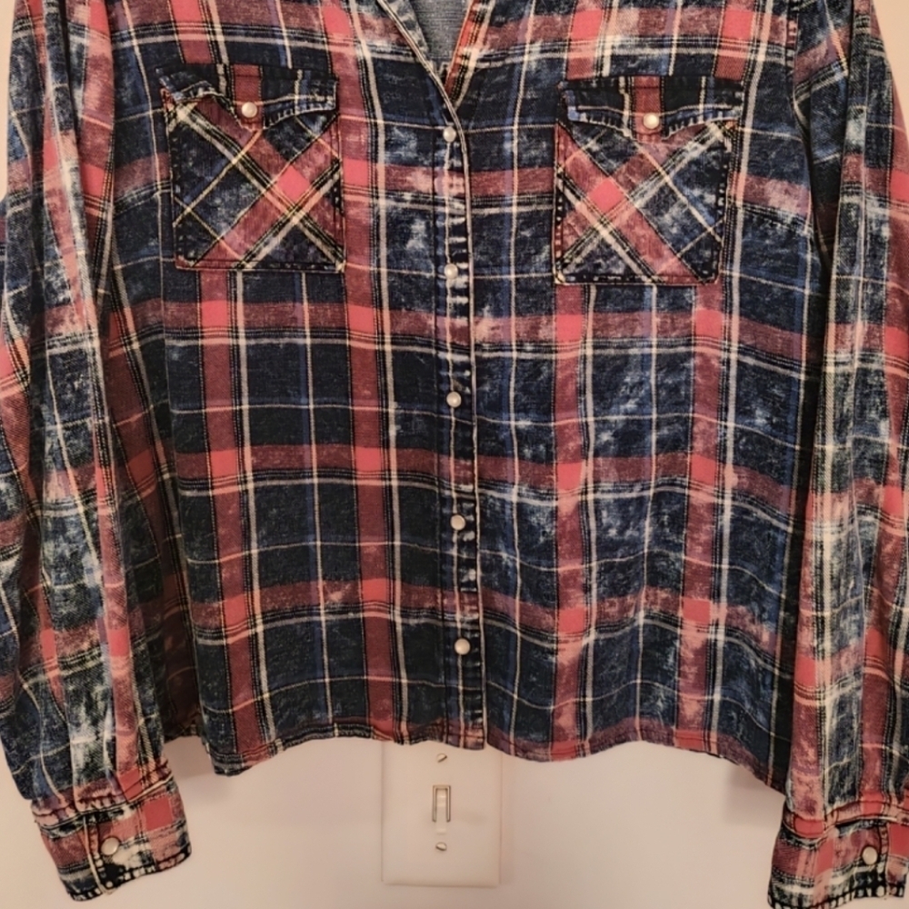 Tribal Jeans Denim Plaid Button Down Shirt Blue Red Long Sleeves Womens Large - Picture 4 of 9